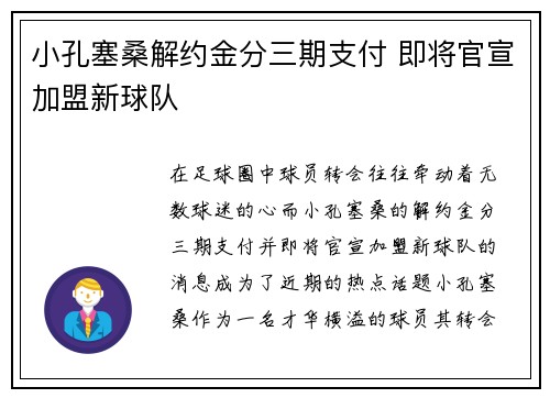 小孔塞桑解约金分三期支付 即将官宣加盟新球队 小孔塞桑解约金分三期支付 即将官宣加盟新球队